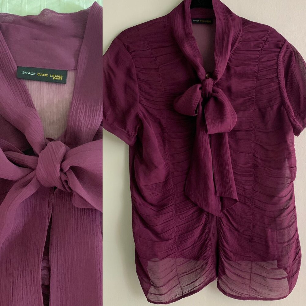 Darling 100% silk purple bow ruched shell top/blouse!